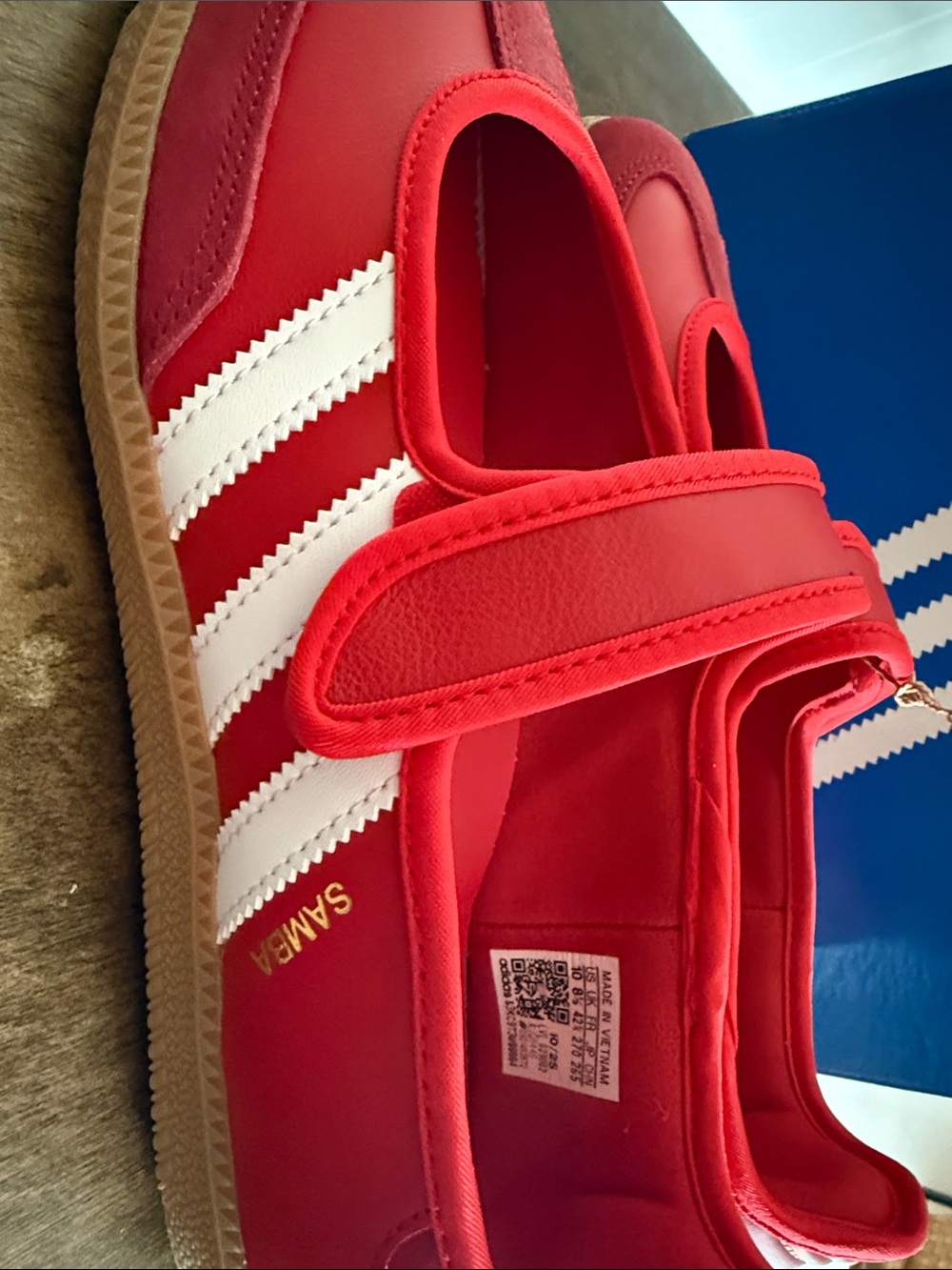 adidas Women’s Red Samba Jane Hook-and-Loop Sneakers with White Stripes - Picture 3 of 4